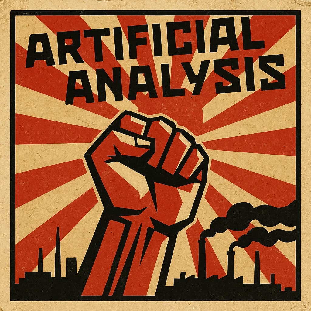 A propaganda poster in stark red, black, and beige. A clenched fist rises in the foreground, rendered with sharp geometric blocks. Behind it, radiating lines stretch upward toward a stylized sun. At the top, bold sans-serif lettering in Cyrillic-inspired type spells out Artificial Analysis, tilted at an angle for emphasis. A factory skyline silhouettes the bottom edge, smoke stacks rising into the background. The texture is rough, printed on aged paper with visible creases and ink bleed. Designed in the constructivist Soviet poster style.