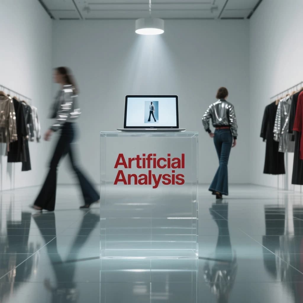 In a spotless gallery space, a pedestal supports a transparent laptop whose screen flickers between static and pristine brand imagery. Shoppers blur past in designer clothes that appear slightly outdated - bell bottoms, metallic jackets. The embossed logo “Artificial Analysis” glints silver, yet its reflection in the glass floor reads in crimson letters. A single spotlight shines, though shadows fall in two directions.