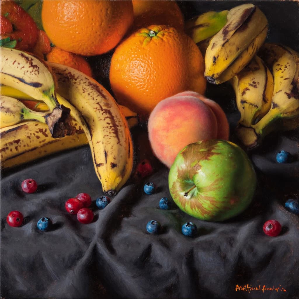 A still life scene painted oil on canvas, comprising various fruits on a black table cloth with striking lighting coming from the right out of frame, creating strong shadows. A bruised green apple is in the foreground, a peach behind it, and behind that a melange of oranges and bananas in various states of ripeness. Berries are strewn in front of the apple. The artist has signed his name "Artificial Analysis" in the bottom right corner in a hurried fashion.
