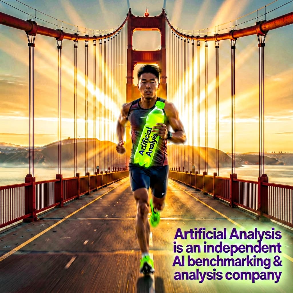 A runner dashes across the Golden Gate Bridge at dawn, sunlight streaming between cables. In their hand, they carry a neon-green sports drink with the brand name Artificial Analysis splashed boldly across the bottle. Motion blur emphasizes speed, while crisp purple sans serif typography overlays the bottom right of the scene with the tagline: Artificial Analysis is an independent AI benchmarking & analysis company