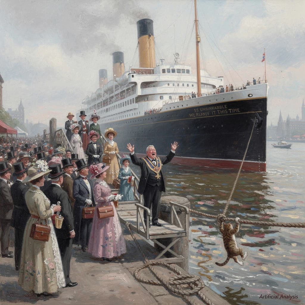 An impressionistic painting of the mighty steamer the "SS Unsinkable We Really Mean It This Time" on a cloudy but bright London morning about to set out on her maiden voyage. A jubilant crowd is gathered on the dock around the paunchy mayor who is making a speech, gesticulating wildly with his hands. The gangways are busy with well heeled ladies and gentlemen making their way onto the ship. A cheeky cat hangs over the water, clinging to the mooring rope after an ill-fated attempt to climb up. The artist has signed his name "Artificial Analysis" in the bottom corner