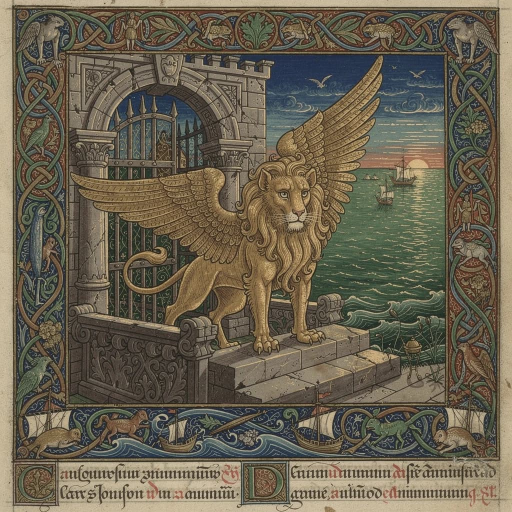 Paint an illuminated manuscript scene of a winged lion guarding a sea gate.