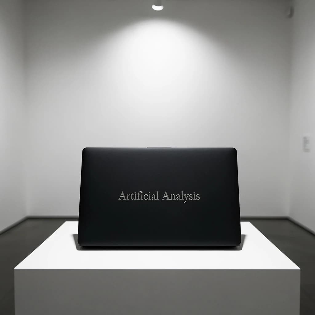 A premium matte black laptop-sized box rests on a pure white pedestal within a gallery space. Overhead, a single spotlight carves sharp contrast, leaving the edges in deep shadow. The brand name Artificial Analysis is embossed in silver foil, glinting faintly as though it were jewelry.