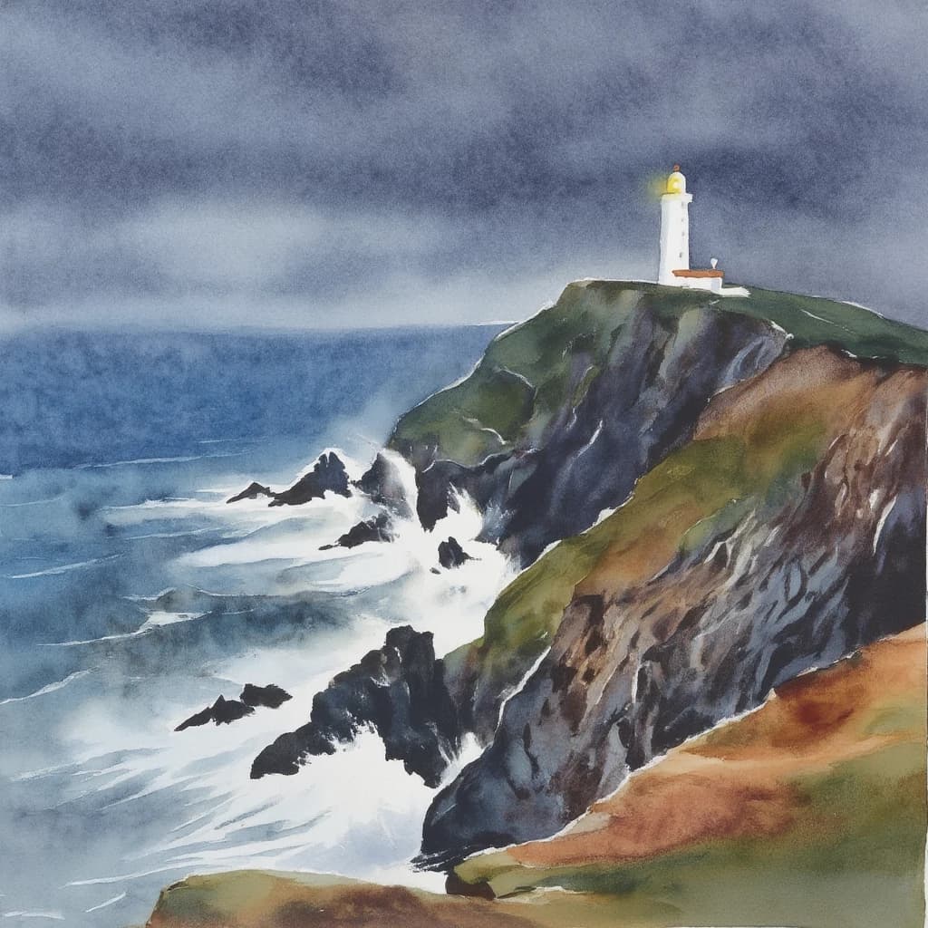 Please paint a watercolor of stormy cliffs and a lighthouse, moody sky.