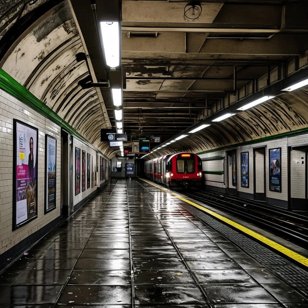 A subterranean subway platform with glossy tiles, peeling posters, flickering fluorescent lights, yellow safety line, and a distant train coming; slightly damp, echoes carry.