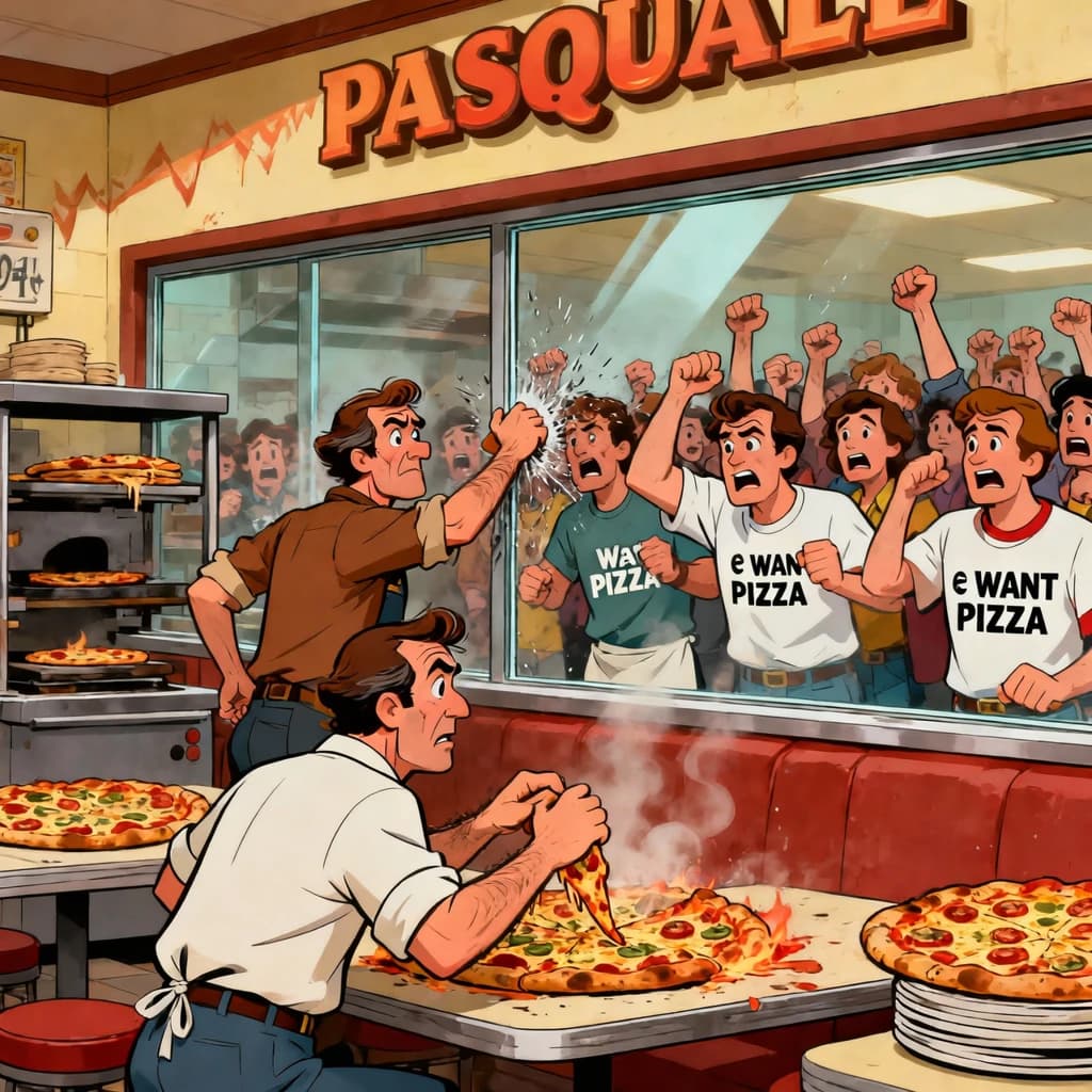 Pasquale is pulling his few remaining hairs out over a disaster at the pizzeria - the cooks are working as fast as they can but the crowds outside are swelling and they demand hot hot pizza! They are banging on the glass and some are wearing "we want pizza" shirts. 1980s western TV animation style.