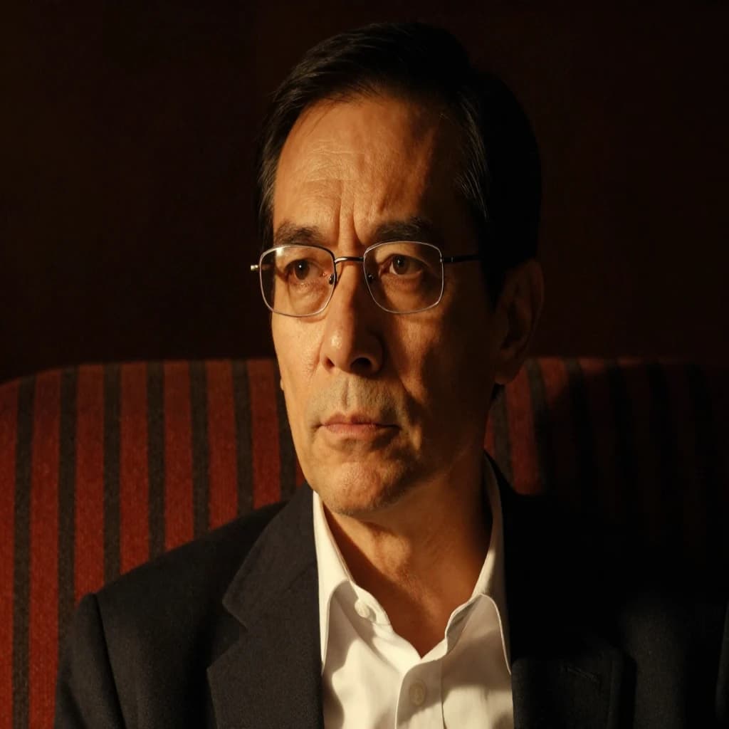 A sharply lit portrait of a middle-aged man wearing thin-rimmed glasses and a dark jacket over a white collared shirt. He gazes intently to the side, his face half illuminated by warm light while the background recedes into deep shadow. The expression is thoughtful, almost wary, as if caught mid-conversation. Behind him, a striped cushion in muted reds and blacks adds subtle texture, contrasting with the crisp highlights on his forehead and glasses. The overall mood is contemplative and cinematic, balancing warmth with tension.