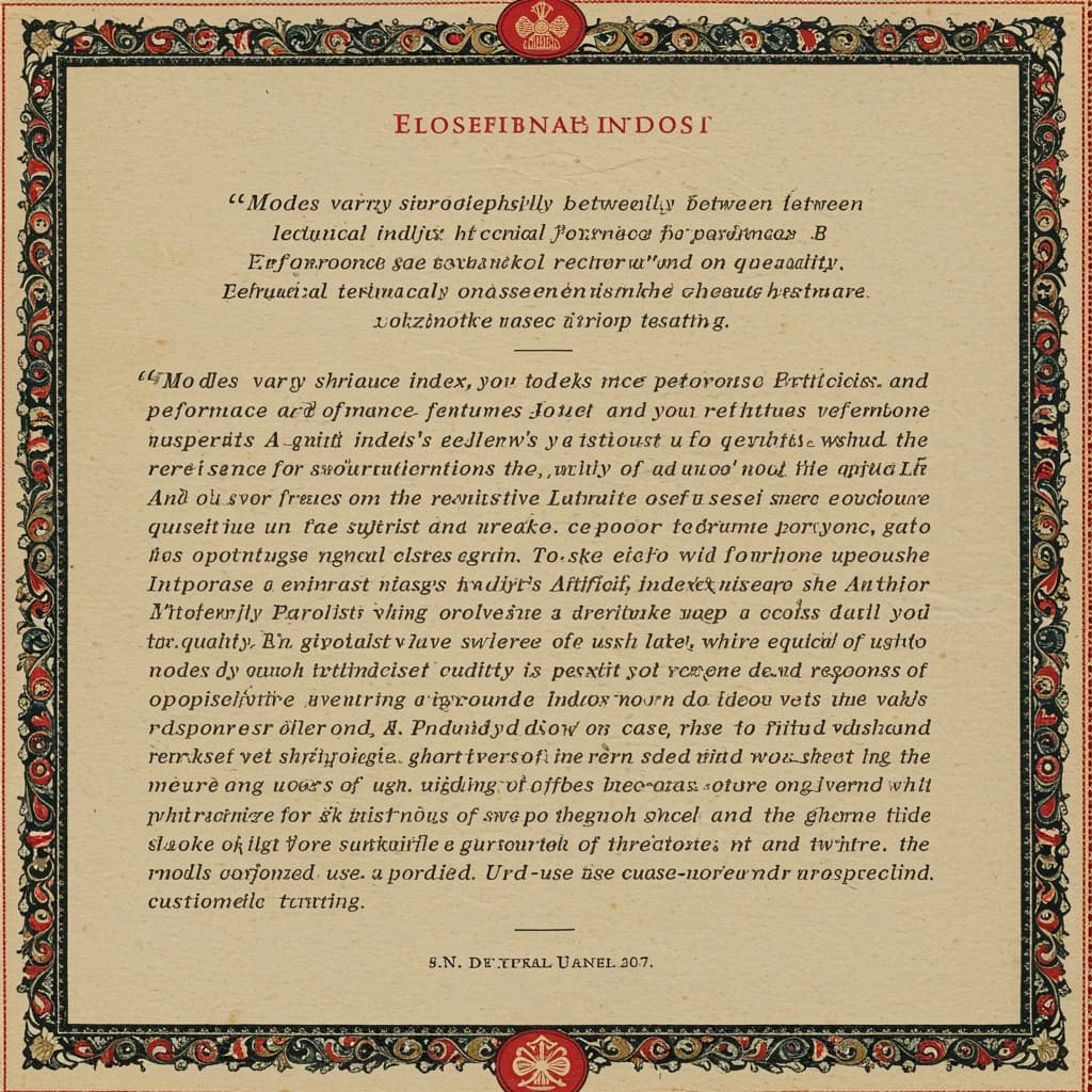 On a flat layout, write in an ornate baroque style "Models vary significantly between their technical performance, features and their quality. Artificial Analysis's intelligence index represents a generalist perspective and is useful as an indicator of the quality of responses. It is generally advisable to develop a short-list of models which best suit your use-case for customized use-case specific testing. "