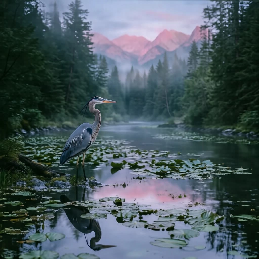 With pre-dawn mist along a cedar forest river and glassy water dotted with lily pads, distant mountains blush pink, and a heron stands still like it forgot what to do next.