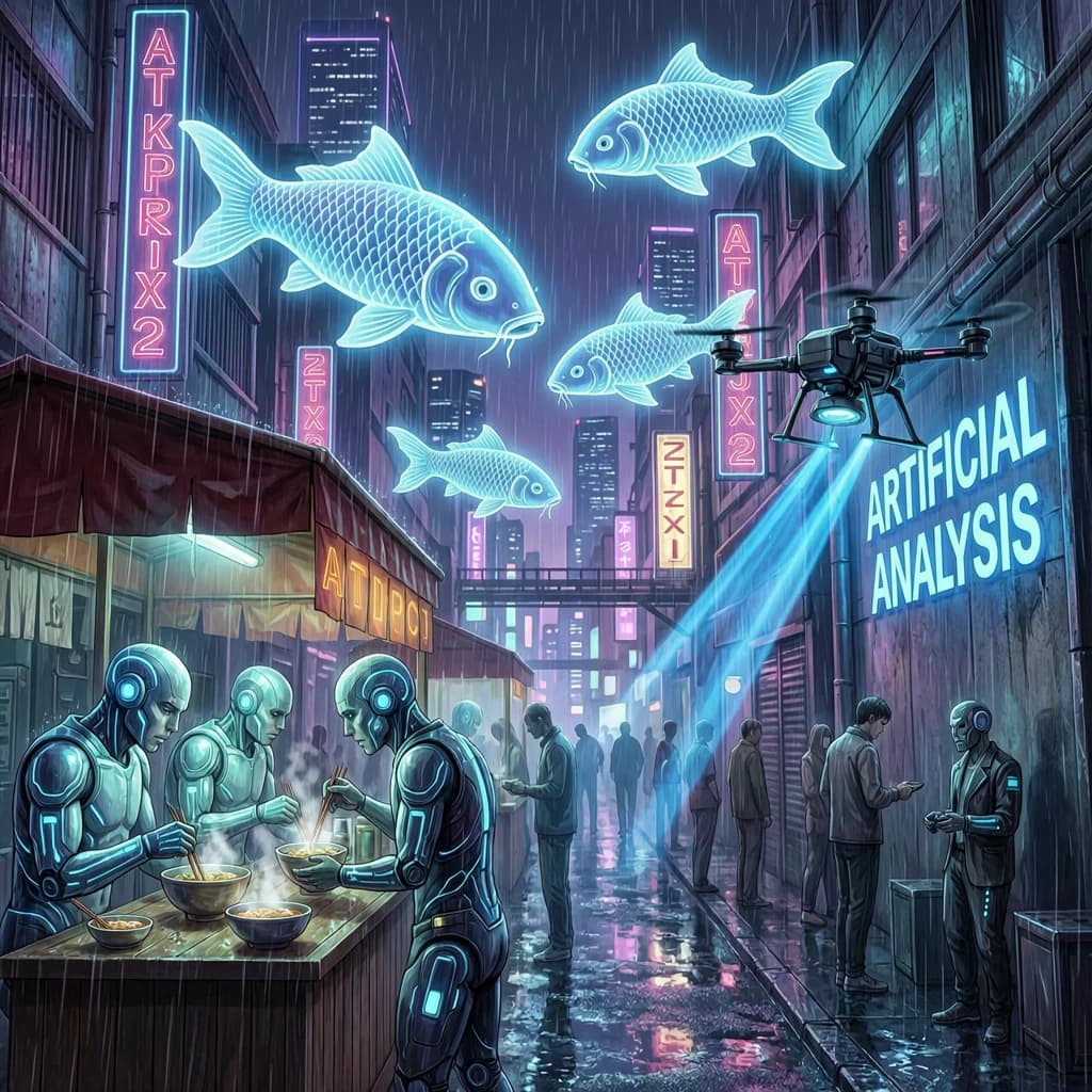 A neon alley in Neo-Tokyo 2142 drips with rain Cybernetic patrons slurp ramen at a stall with their glowing implants humming with blue light. Three giant holographic koi hover 10 metres above the ground and swim across the skyline, one has clipped into a building. A six-prop drone hovers nearby, projecting "Artificial Analysis" onto a wall with blue laser beams visible
