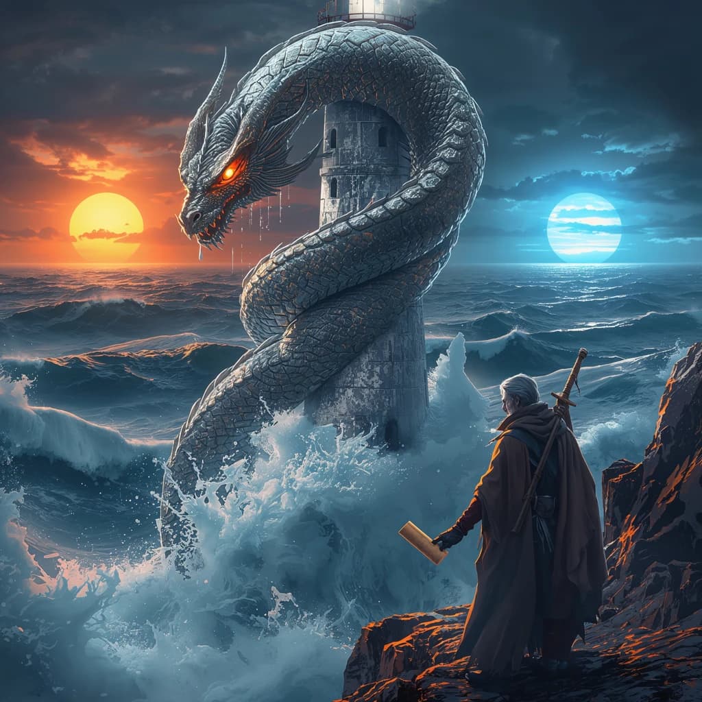 A dragon of molten silver coils around a lighthouse. The storming sea below crashes upward in frozen stillness, as though caught mid-motion. The dragon’s molten eyes drip tears of ice. On the horizon, two suns set next to each other, casting orange light on one side of the tower and blue on the other. A cloaked traveler carries an ancient weapon in his left hand and a scroll in his right.