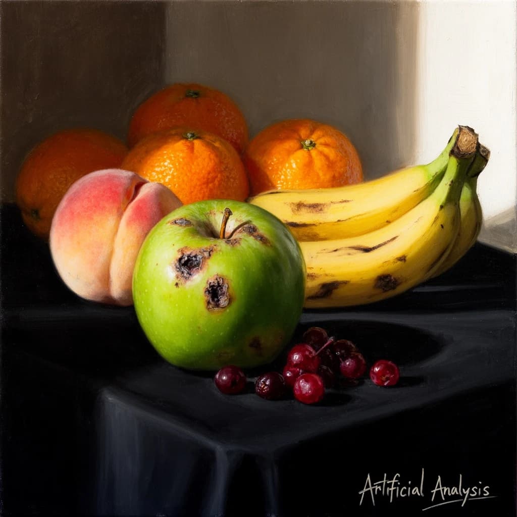 A still life scene painted oil on canvas, comprising various fruits on a black table cloth with striking lighting coming from the right out of frame, creating strong shadows. A bruised green apple is in the foreground, a peach behind it, and behind that a melange of oranges and bananas in various states of ripeness. Berries are strewn in front of the apple. The artist has signed his name "Artificial Analysis" in the bottom right corner in a hurried fashion.