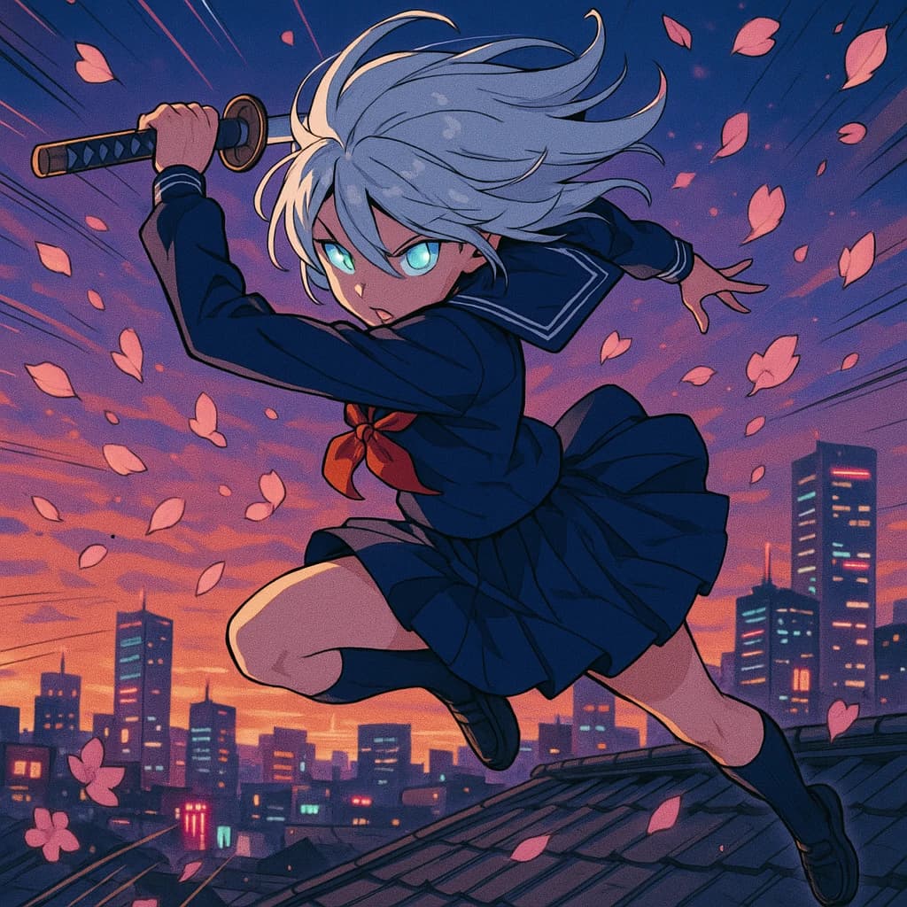 Wind-swept rooftop at dusk, a silver-haired swordswoman in a navy school uniform leaps, luminous eyes, cel shading, cherry blossoms swirl, neon city, dynamic angle, speed lines.