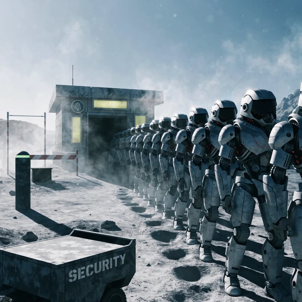 Silver exosuits queue at a dusty lunar checkpoint.