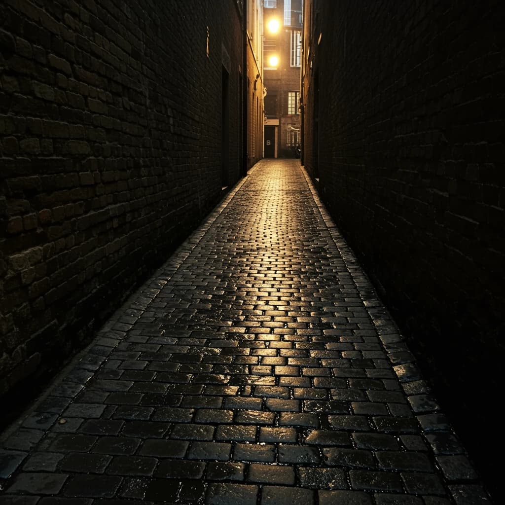 Show a narrow brick alley with wet cobblestones.