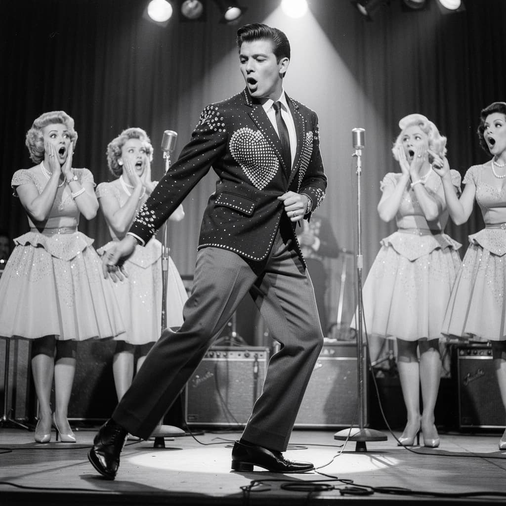 An archival image from 1953 of the rock singer swinging his hips on the stage while glamorous back up singers feign shock at his gyrations! He wears a diamond encrusted jacket with the stones arranged in the shape of a heart