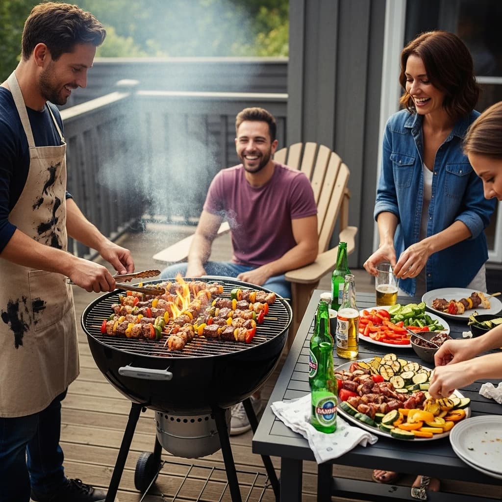 Friends grill skewers on a slightly messy patio.