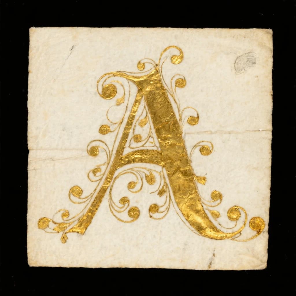 Illuminated letter A on vellum, gold leaf, a bit uneven flourishes.
