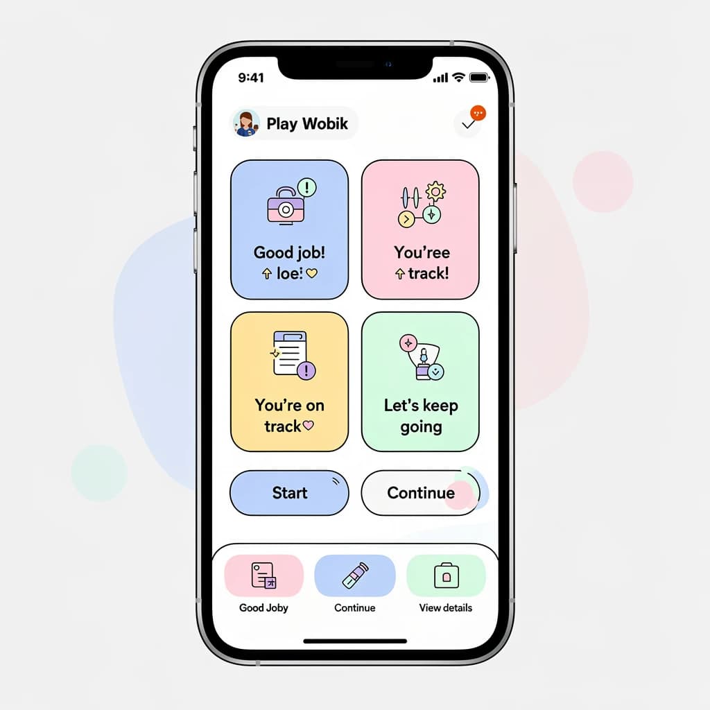 Playful mobile app dashboard, thick outlines, flat colors, friendly microcopy.