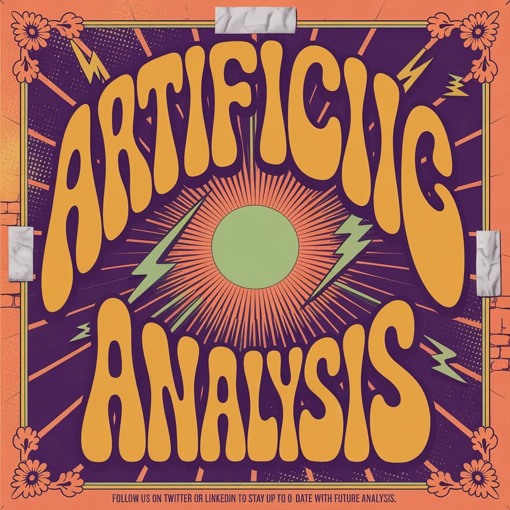 A portrait layout psychedelic concert poster from 1972 bathed in saturated oranges, deep purples, and acid greens. Swirling, hand-drawn typography arcs across the top, spelling out Artificial Analysis in bold, distorted letters that melt into spirals. Surrounded by radiating concentric circles and lightning-bolt motifs. The background is textured with halftone dots and faded paper creases, evoking a well-worn poster taped to a brick wall. Ornate floral borders frame the design, while the bottom features blocky retro lettering listing “Follow us on Twitter or LinkedIn to stay up to date with future analysis” in smaller text. 