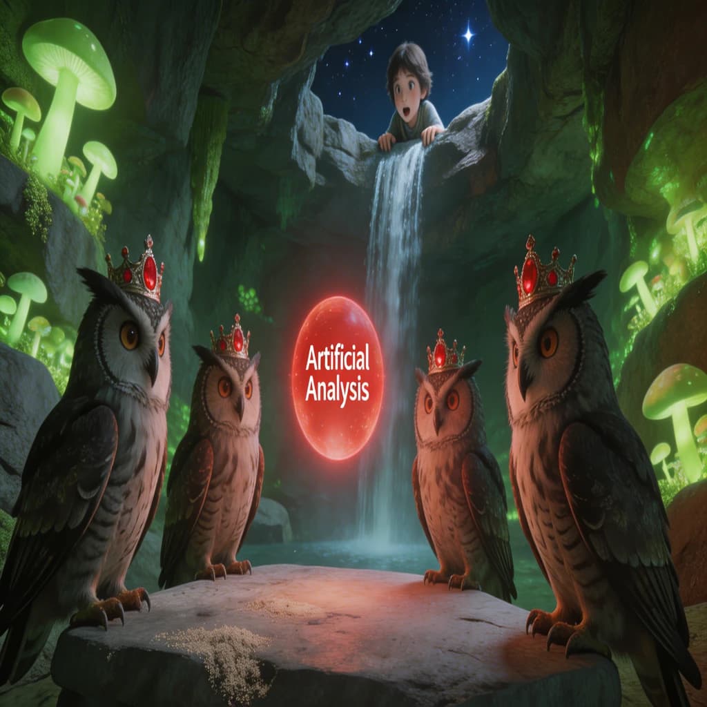 In a cavern lined with bioluminescent fungi glowing lime green, the council of owls wear jeweled crowns that glimmer with rubies, their wings folded behind their backs. Dust coats the stone table, a glowing orb inscribed with “Artificial Analysis” hovers above the table illuminating the owls with its red pulsating light. Behind them, a waterfall falls upward into a ceiling that opens onto stars - a child looks down in wonder from above at what he has stumbled across.