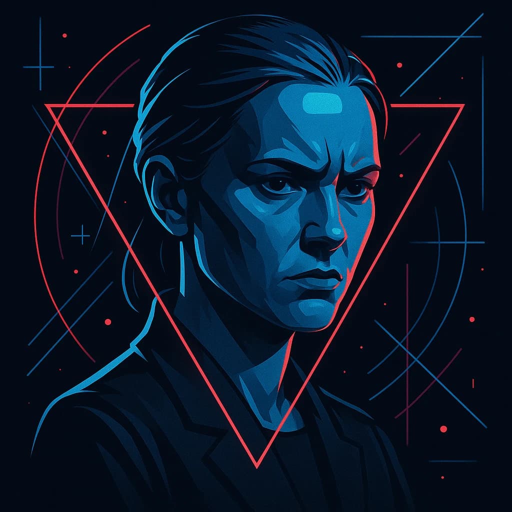 Render a stark 3D portrait of a stern woman, neon accents and vector overlays.