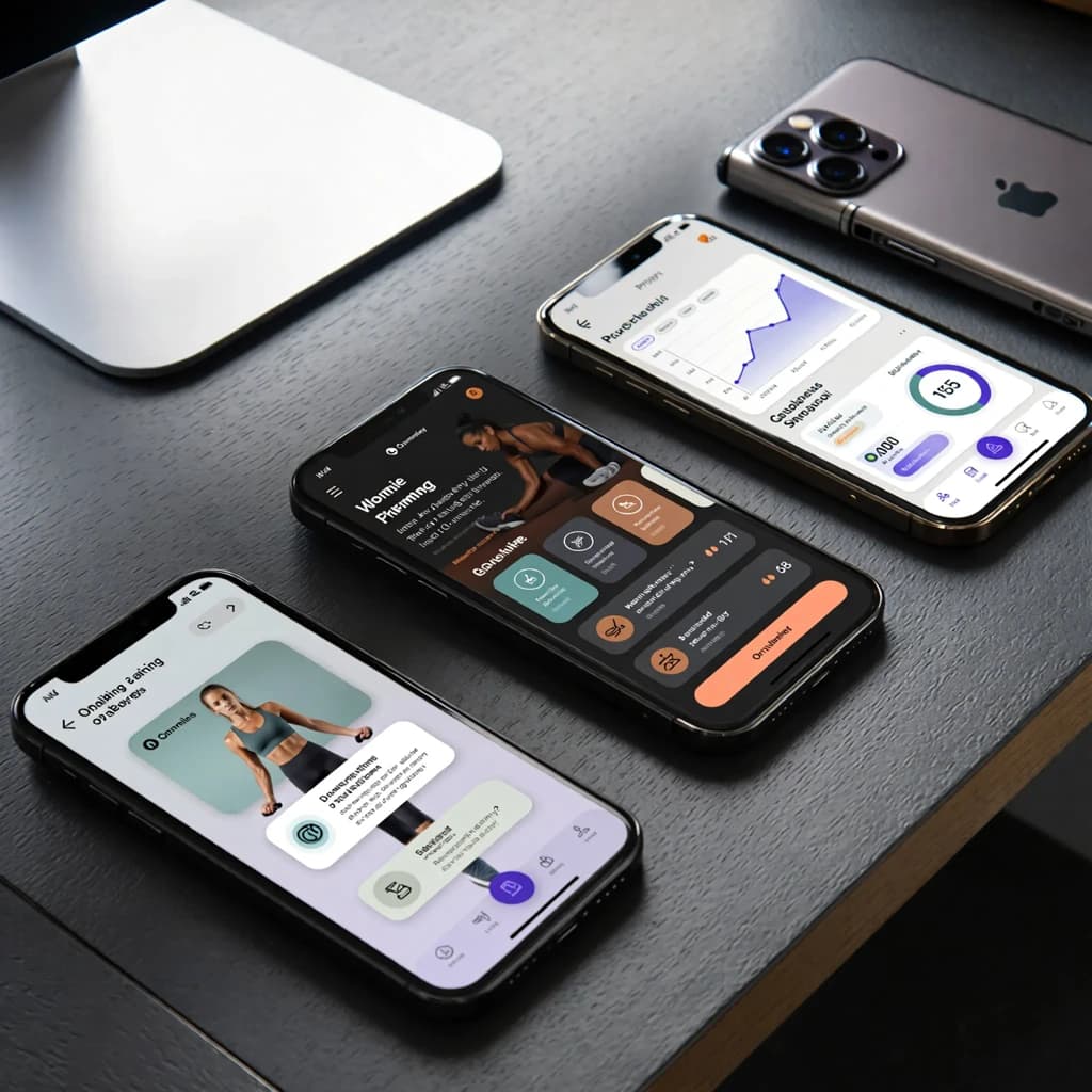 Sleek mobile fitness app screens on a desk: dark mode home, progress dashboard, simple onboarding, clear 8 pt grid, slightly oversized buttons for thumb reach, muted colors.