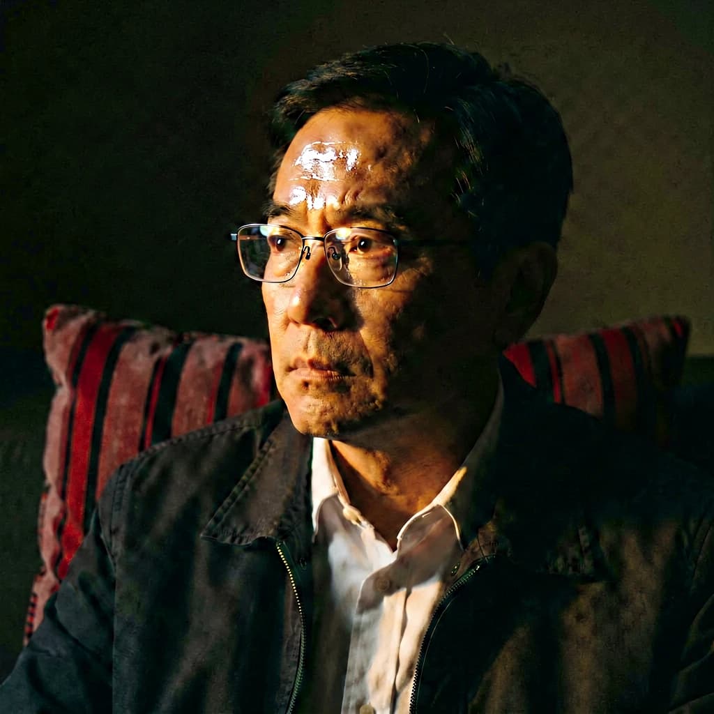 A sharply lit portrait of a middle-aged man wearing thin-rimmed glasses and a dark jacket over a white collared shirt. He gazes intently to the side, his face half illuminated by warm light while the background recedes into deep shadow. The expression is thoughtful, almost wary, as if caught mid-conversation. Behind him, a striped cushion in muted reds and blacks adds subtle texture, contrasting with the crisp highlights on his forehead and glasses. The overall mood is contemplative and cinematic, balancing warmth with tension.