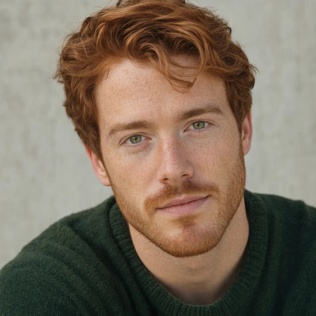 Shoot a natural light headshot of a red-haired man with freckles, green eyes.