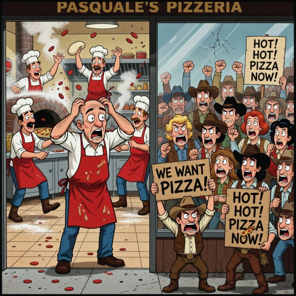 Pasquale is pulling his few remaining hairs out over a disaster at the pizzeria - the cooks are working as fast as they can but the crowds outside are swelling and they demand hot hot pizza! They are banging on the glass and some are wearing "we want pizza" shirts. 1980s western TV animation style.