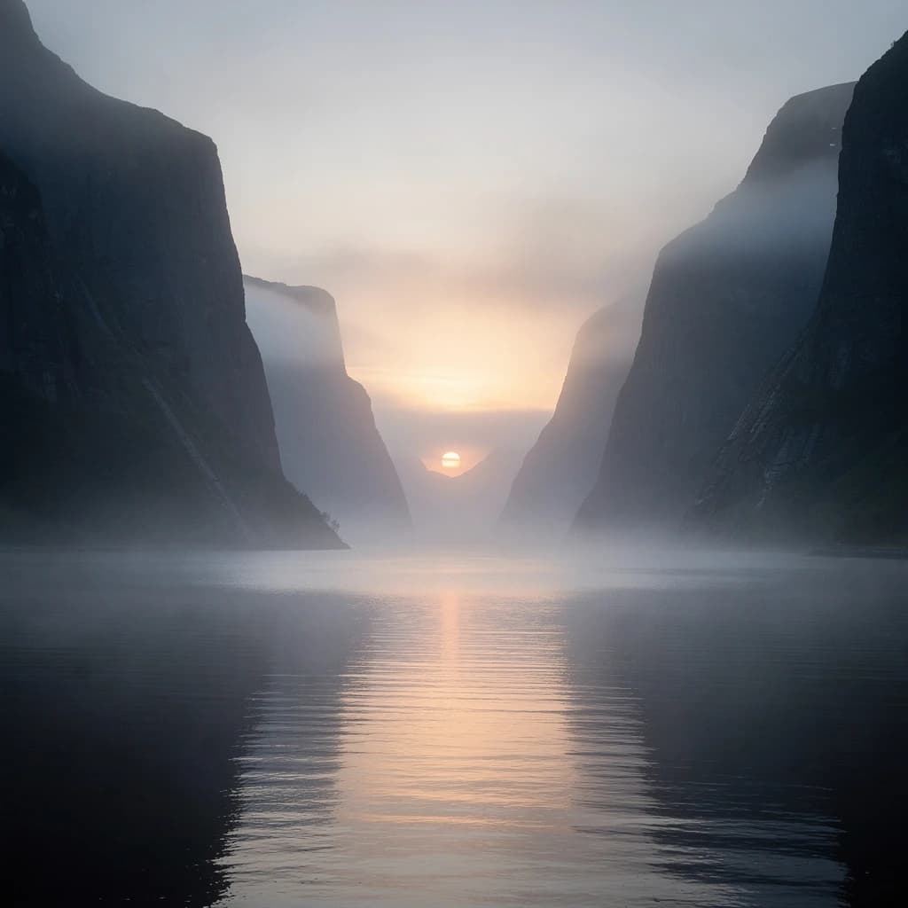 Frame a foggy fjord at sunrise, cliffs looming.