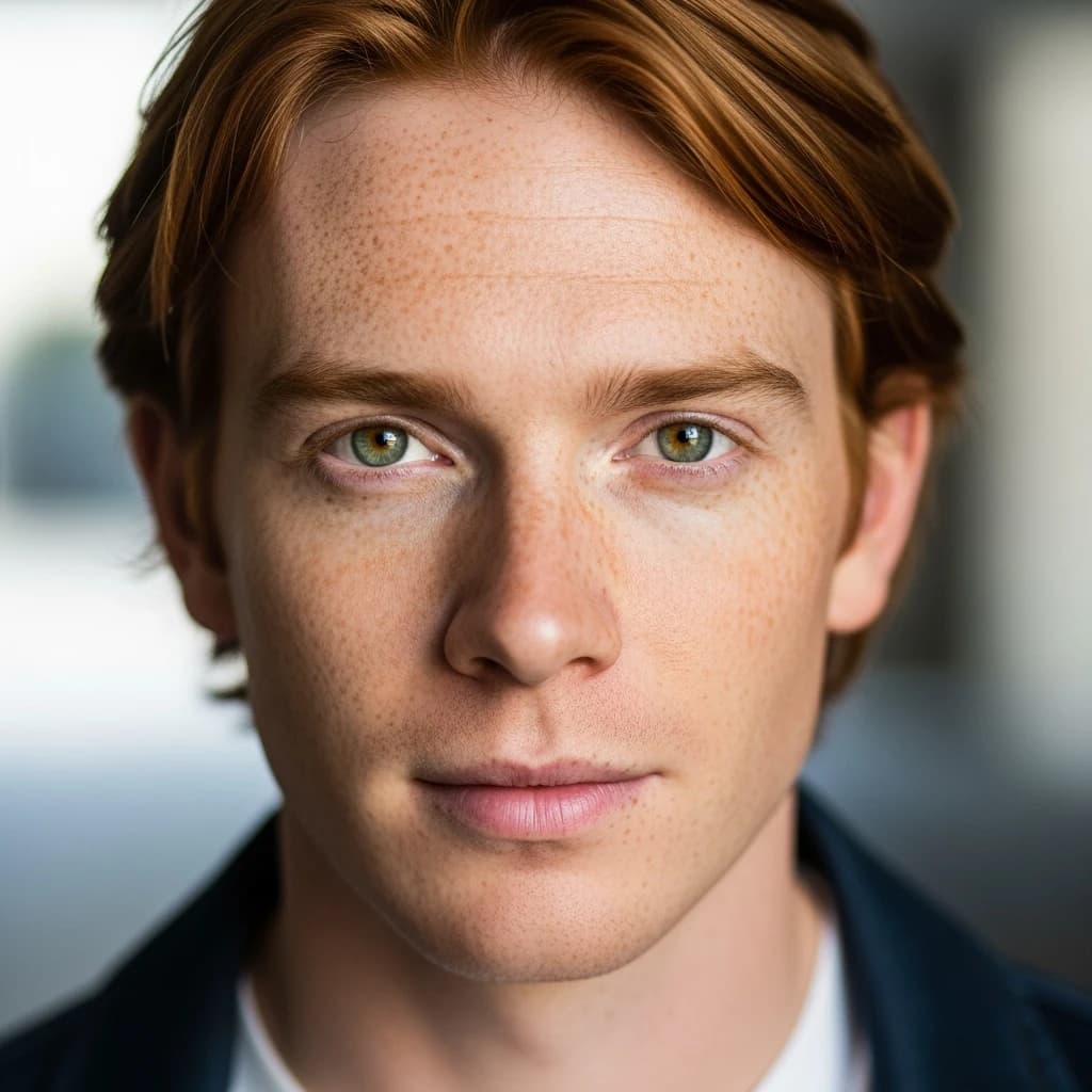 Shoot a natural light headshot of a red-haired man with freckles, green eyes.