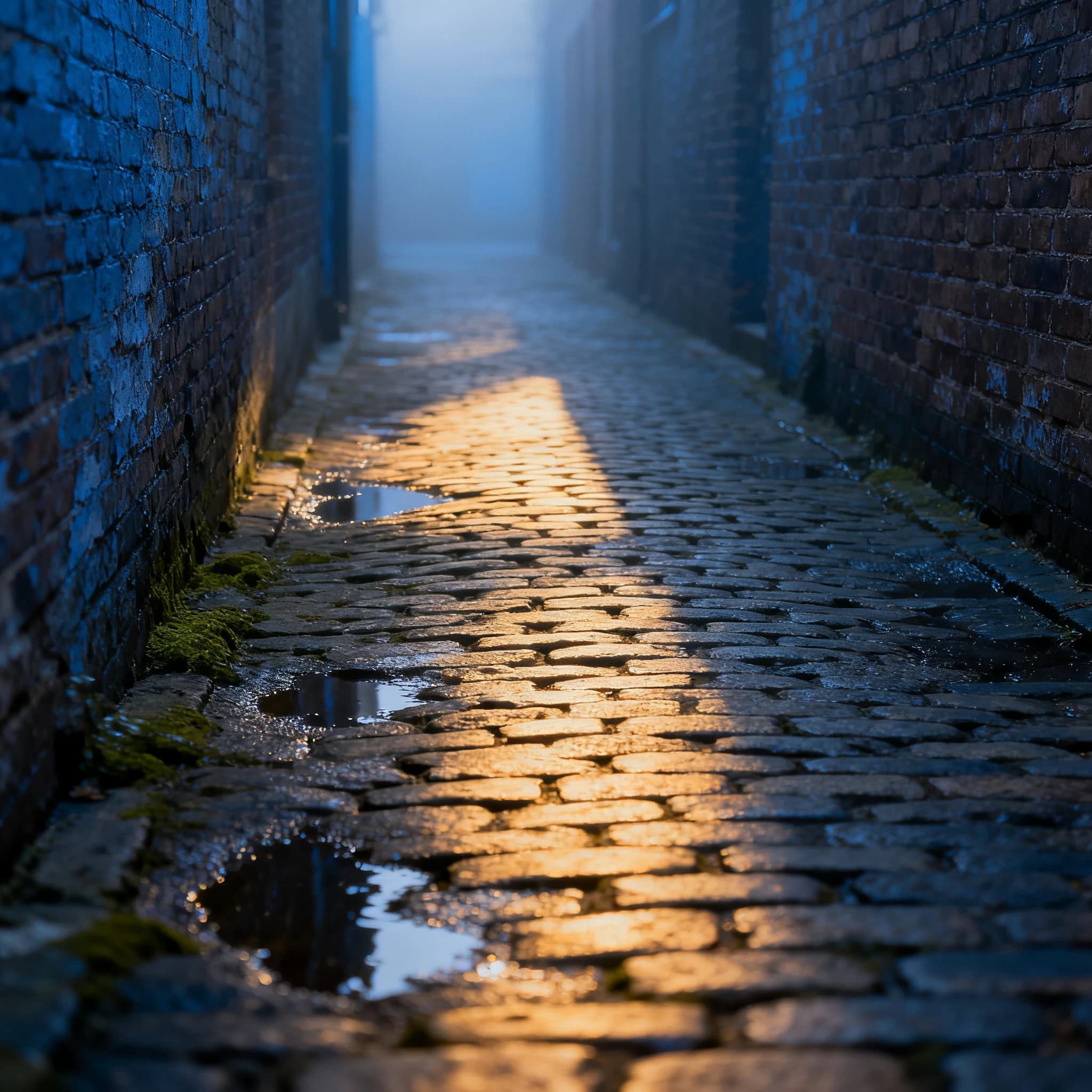 Show a narrow brick alley with wet cobblestones.