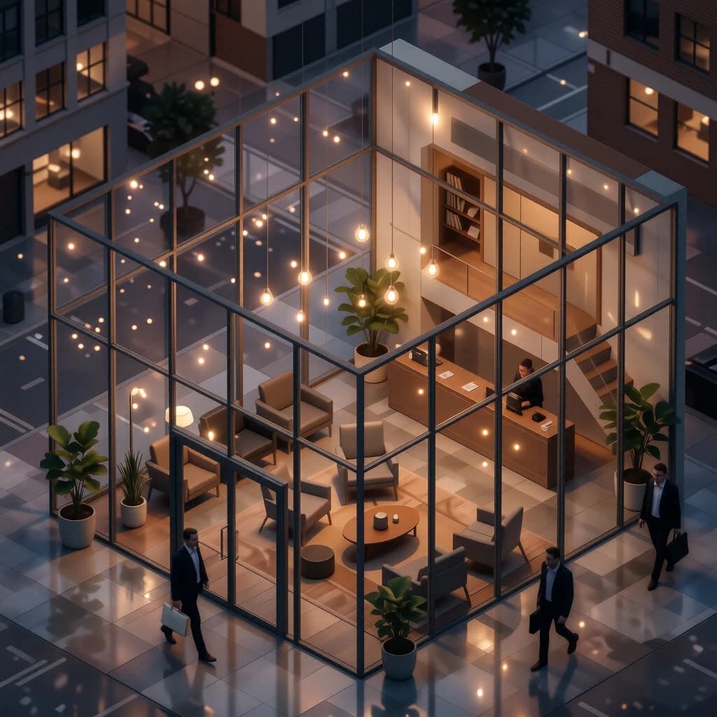 Isometric 3D lobby, glass walls, warm lights, slightly moody, soft shadows.
