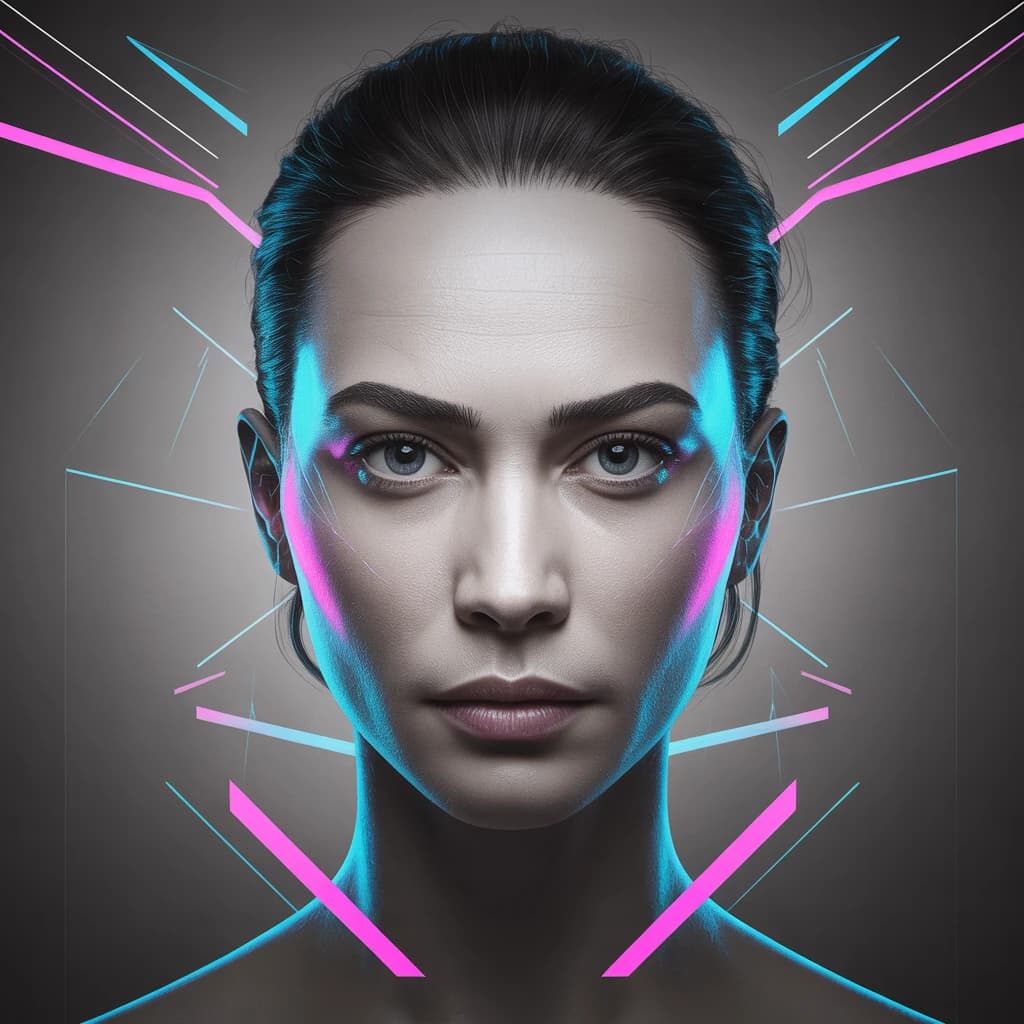 Render a stark 3D portrait of a stern woman, neon accents and vector overlays.