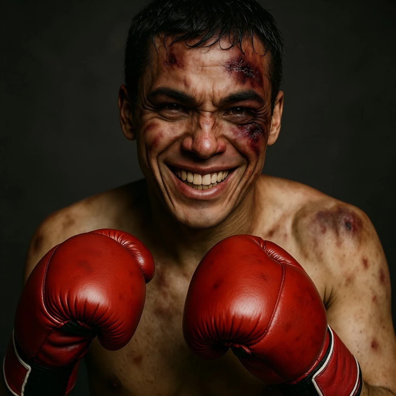 Paint a bruised boxer smiling, serious expression.