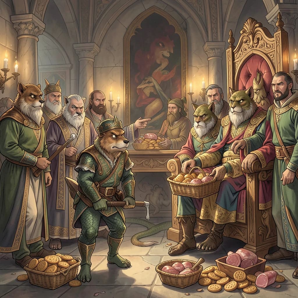 Big Weasel, the tyrannical ruler of the Levitus, slouches on his throne, his mood foul but somewhat brightened by the sight of gifts - a wearisome group of lizard traders adorned in fine silks proceed toward him through the hall with their annual tribute of biscuits, ham and gold - Big Weasel's favourites. Big Weasel's entourage looks on with stern approval.