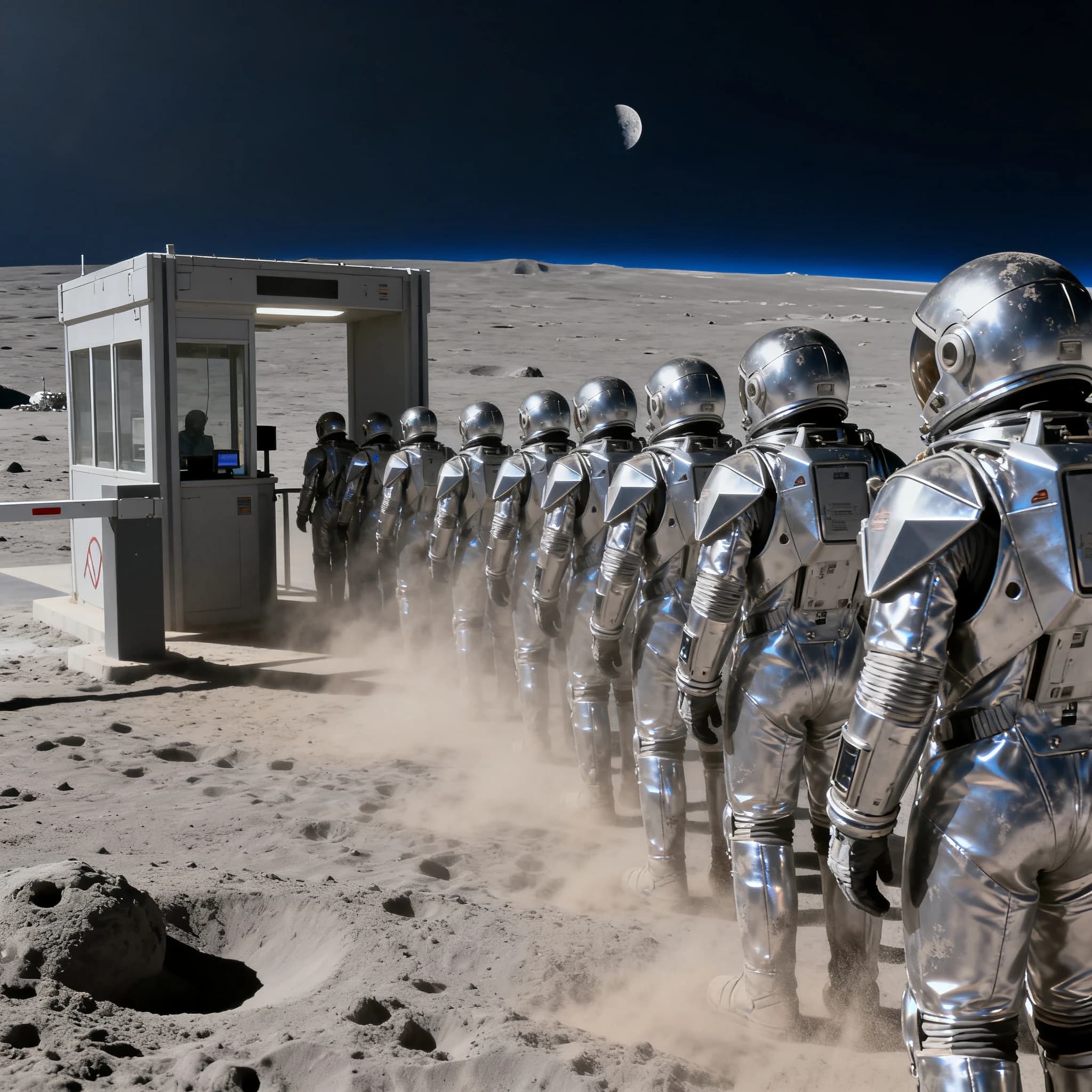 Silver exosuits queue at a dusty lunar checkpoint.