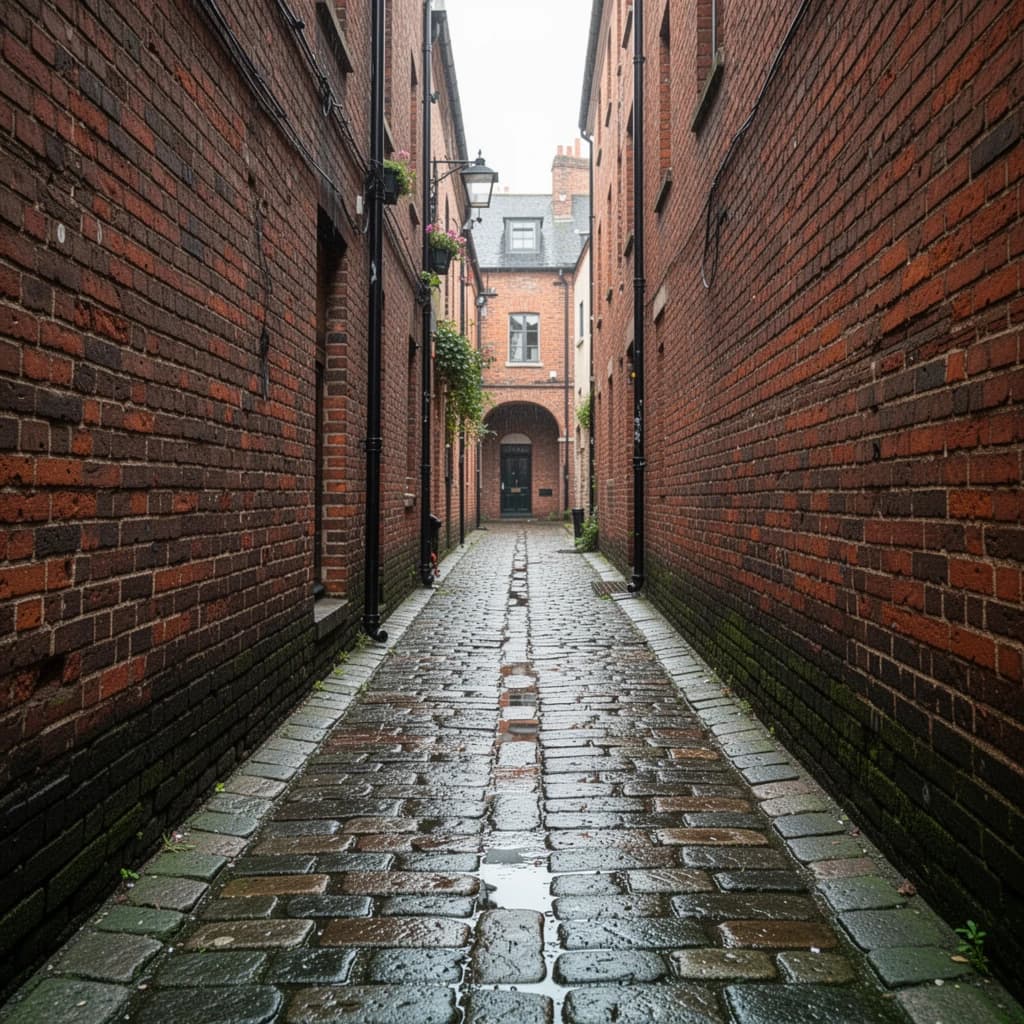 Show a narrow brick alley with wet cobblestones.