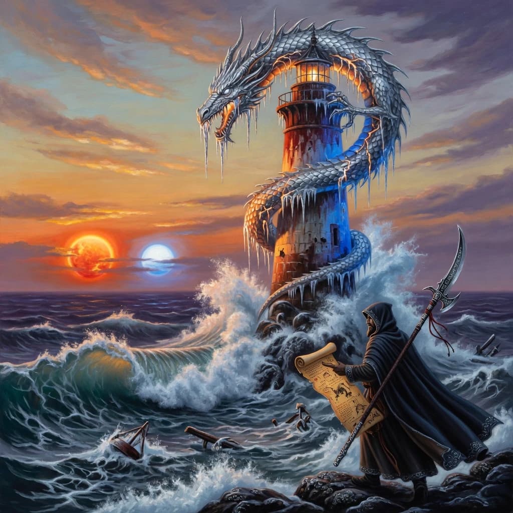 A dragon of molten silver coils around a lighthouse. The storming sea below crashes upward in frozen stillness, as though caught mid-motion. The dragon’s molten eyes drip tears of ice. On the horizon, two suns set next to each other, casting orange light on one side of the tower and blue on the other. A cloaked traveler carries an ancient weapon in his left hand and a scroll in his right.