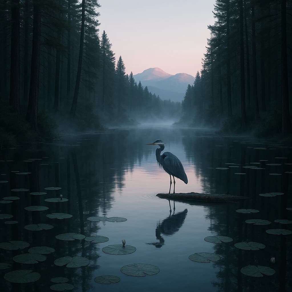 With pre-dawn mist along a cedar forest river and glassy water dotted with lily pads, distant mountains blush pink, and a heron stands still like it forgot what to do next.