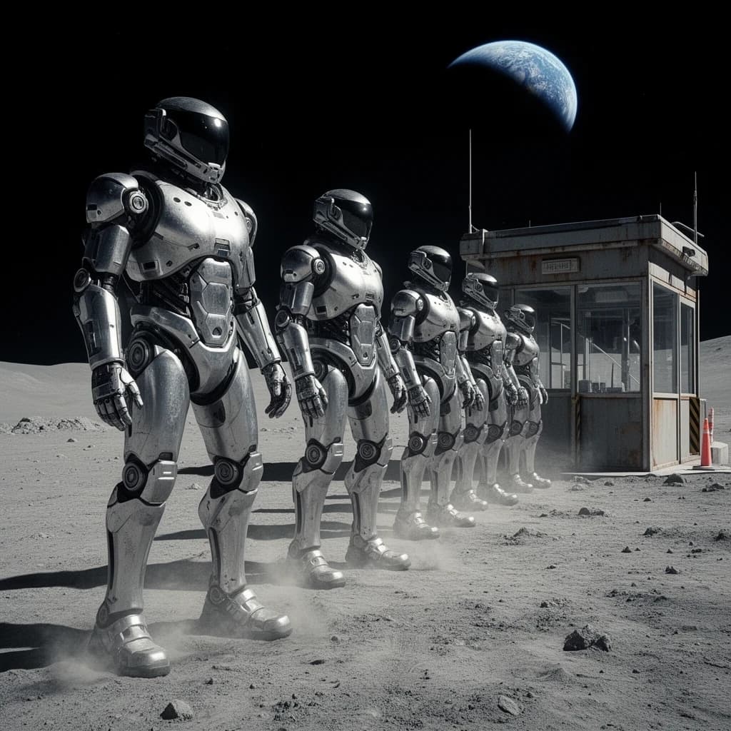 Silver exosuits queue at a dusty lunar checkpoint.
