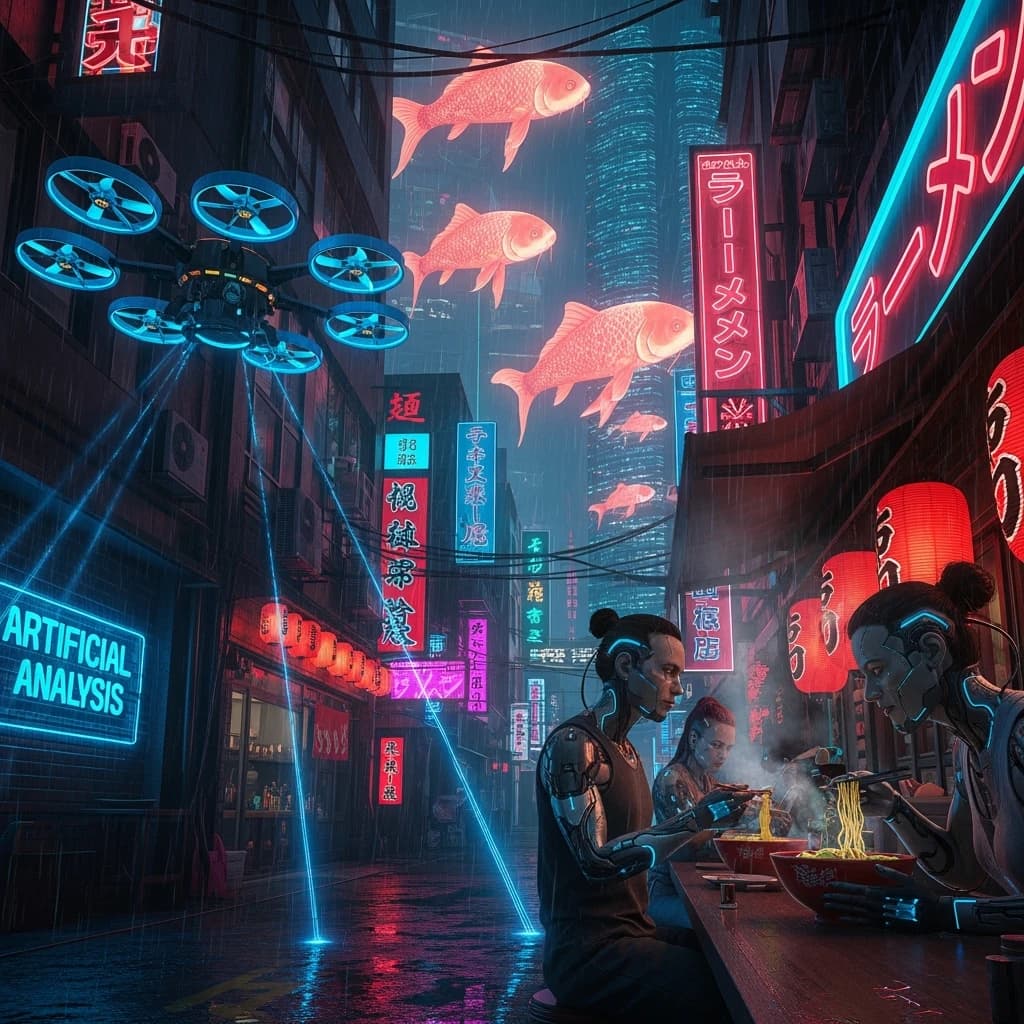 A neon alley in Neo-Tokyo 2142 drips with rain Cybernetic patrons slurp ramen at a stall with their glowing implants humming with blue light. Three giant holographic koi hover 10 metres above the ground and swim across the skyline, one has clipped into a building. A six-prop drone hovers nearby, projecting "Artificial Analysis" onto a wall with blue laser beams visible