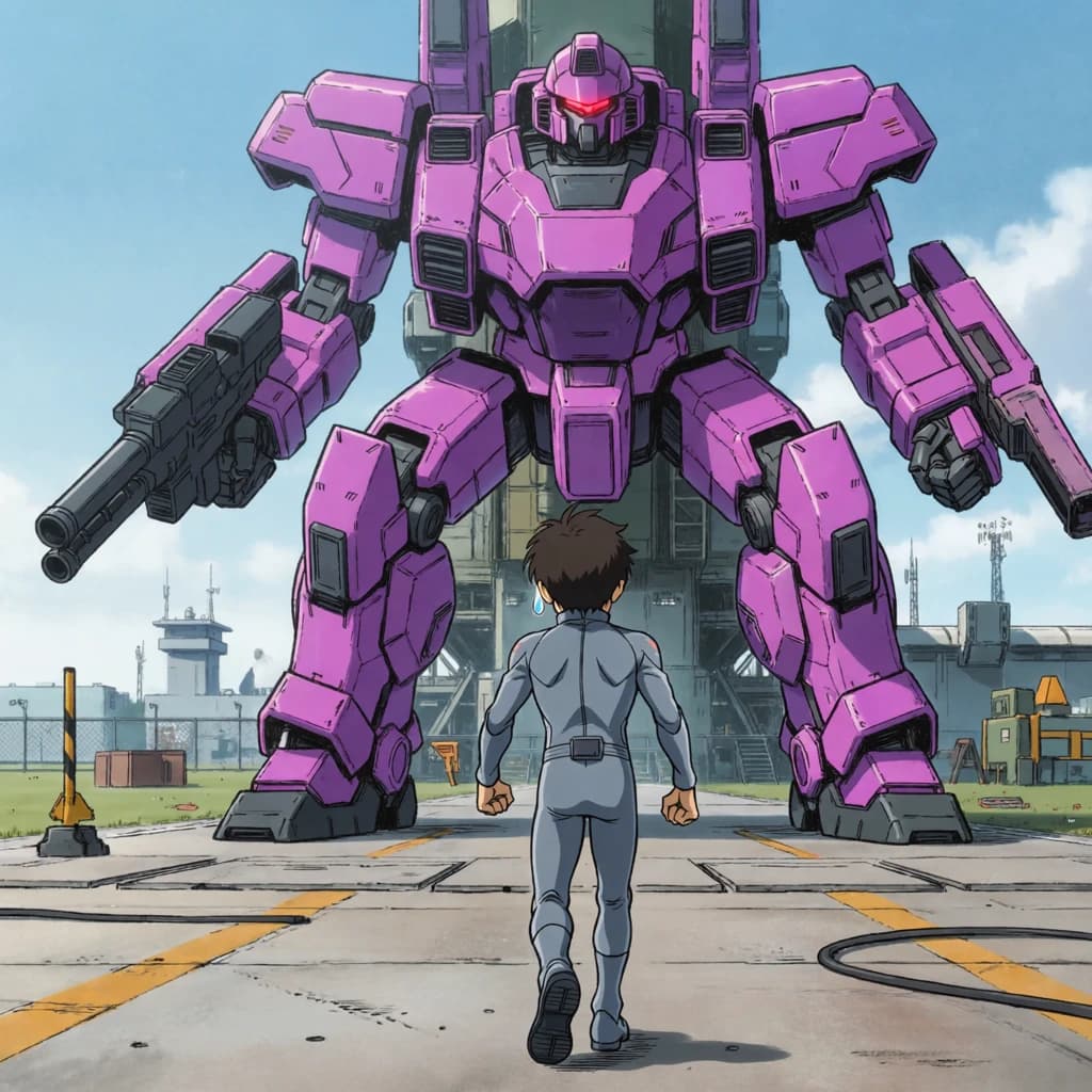 Clad in his body suit up to the neck, young Masa nervously approaches the towering mech with his back facing us. He is nervous for his first time in the field. The mech's bright purple colour scheme contrasts with the grey body suit. The scale of the mech dwarfs Masa. Hand drawn style