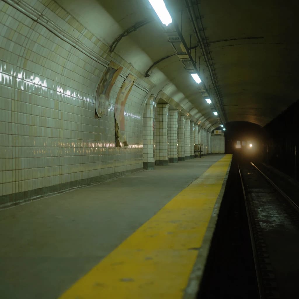 A subterranean subway platform with glossy tiles, peeling posters, flickering fluorescent lights, yellow safety line, and a distant train coming; slightly damp, echoes carry.