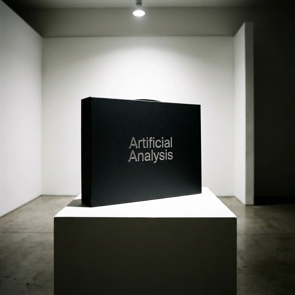 A premium matte black laptop-sized box rests on a pure white pedestal within a gallery space. Overhead, a single spotlight carves sharp contrast, leaving the edges in deep shadow. The brand name Artificial Analysis is embossed in silver foil, glinting faintly as though it were jewelry.