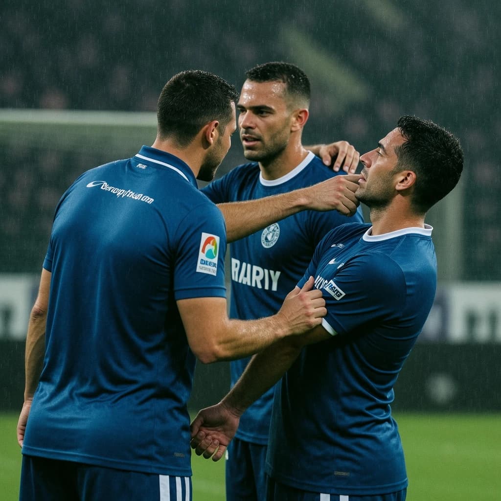 The soccer player clashes with the ref. It is thick and humid and the heat is getting to the players. His friend tries to pull him off before he causes any more trouble.
