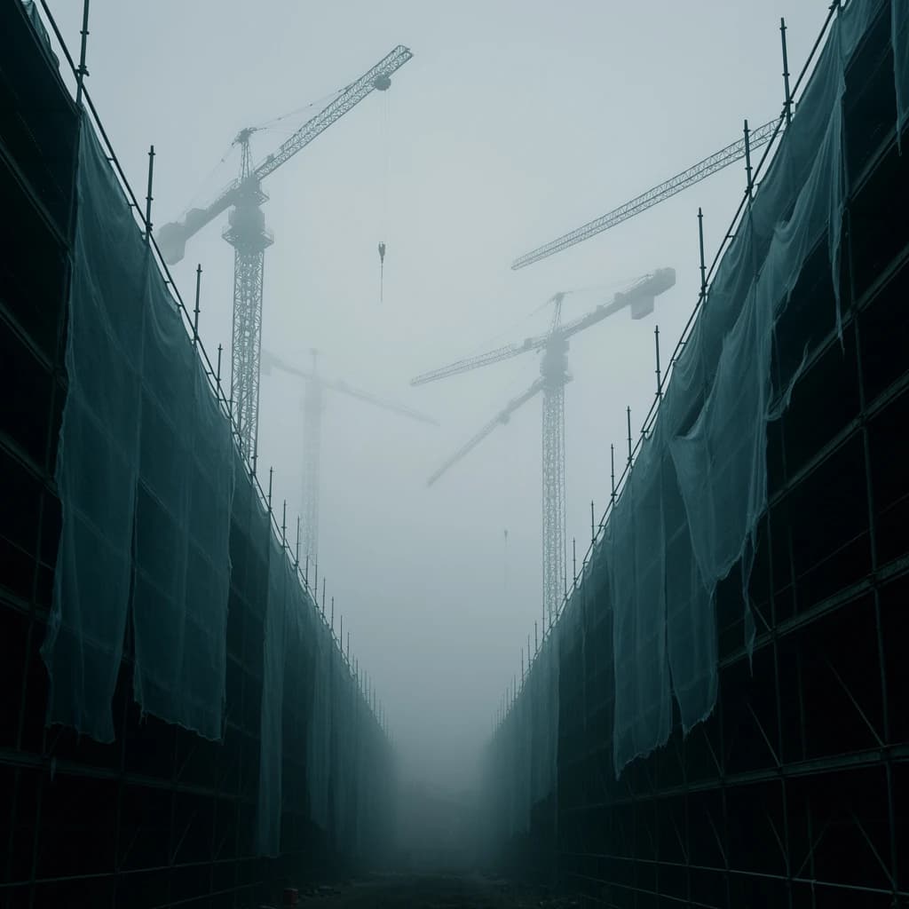 A construction site stretched upward into fog, cranes frozen in silhouette. Wind rattled scaffolding draped with torn mesh that glowed faintly from nearby billboards
