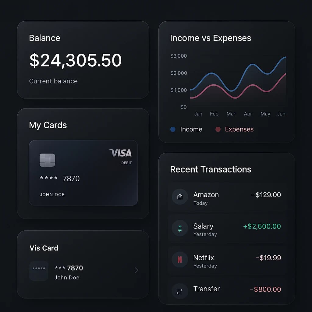 Dark mode banking dashboard with glassmorphism.