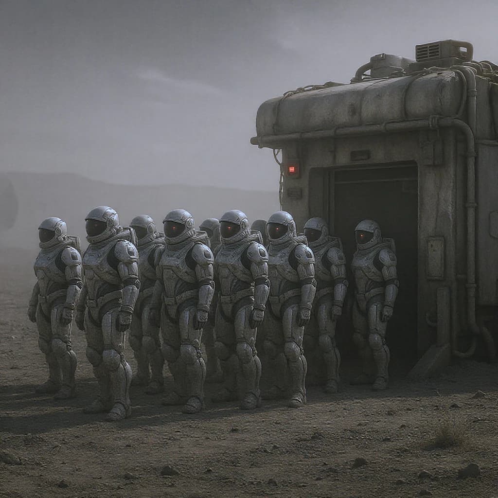 Silver exosuits queue at a dusty lunar checkpoint.
